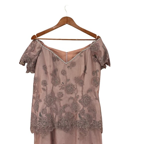 Pink Off-Shoulder Beaded Floral Embroidered Dress Formal Gown With Scalloped Hem - Picture 2 of 13